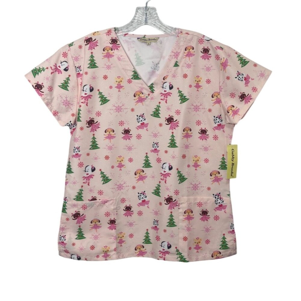 Gabby Brooke Holiday Scrub Top Womens Medium Pink‎ New